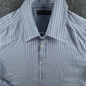 Dolce & Gabbana Button Up Shirt Men Long Sleeve Blue Striped Size 17 (43) Italy